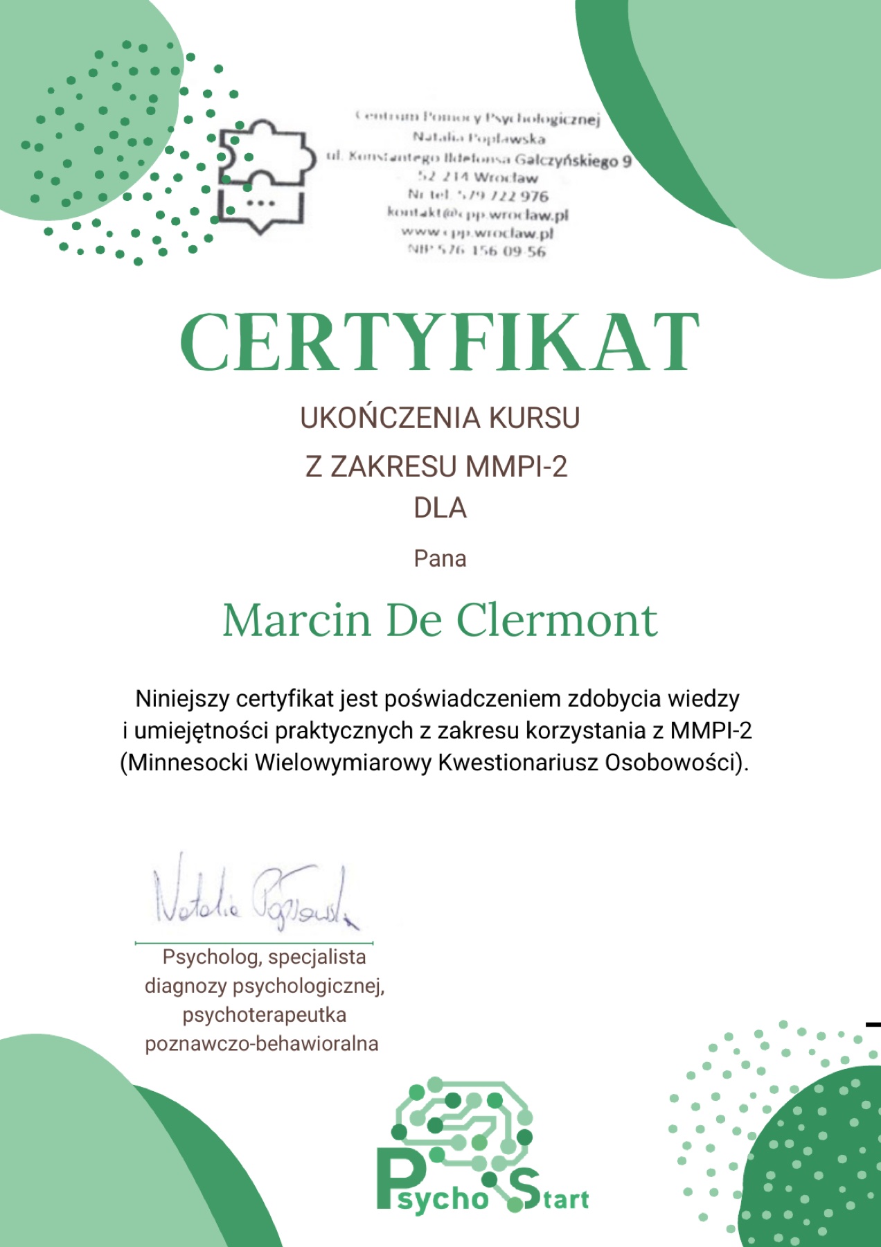 Certyfikat ukończenia przez Marcina De Clermont kursu z zakresu MMPI-2